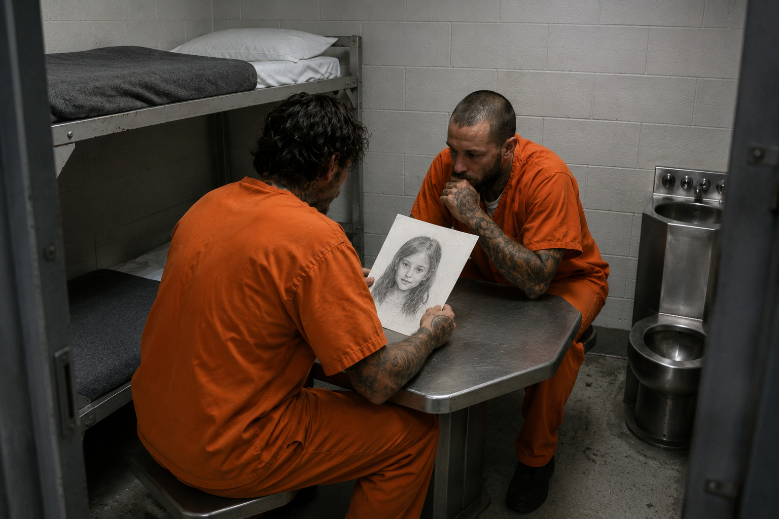 Two incarcerated men in orange uniforms looking at a portrait drawing, illustrating value and exchange beyond cash