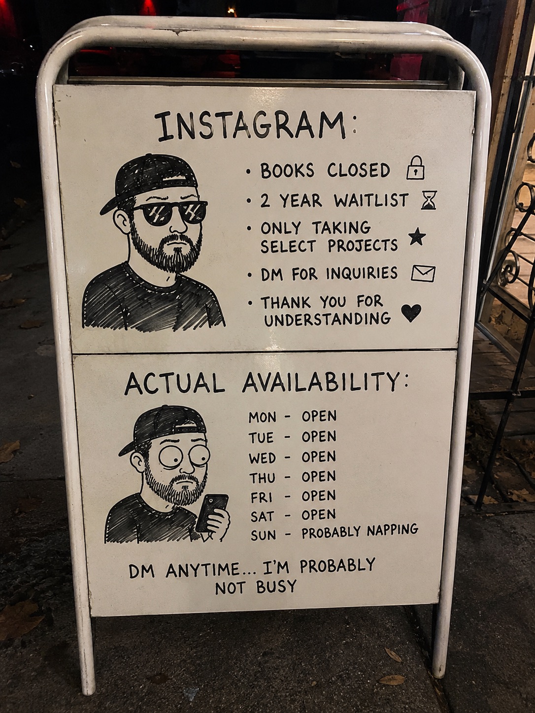The Fake Booked Out Epidemic Sidewalk sign comparing Instagram books closed claims with actual open tattoo artist availability