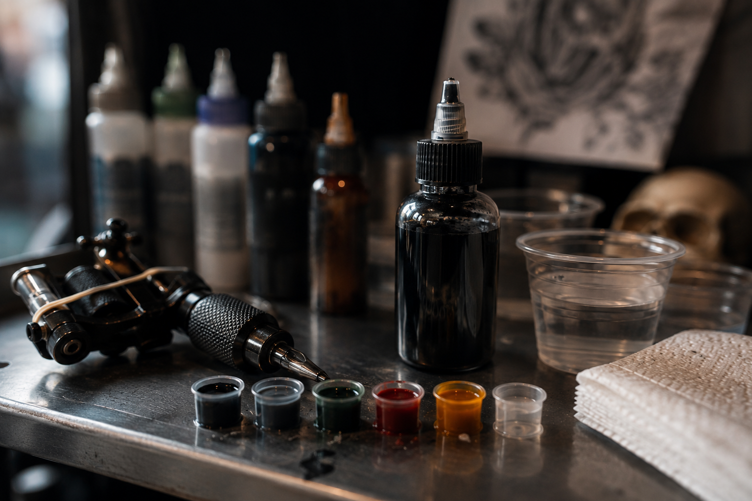 The Clean Ink Revolution — How Better Pigments Quietly Changed Tattooing A tattoo artist workstation with modern tattoo ink bottles representing cleaner pigment production and safer tattooing standards