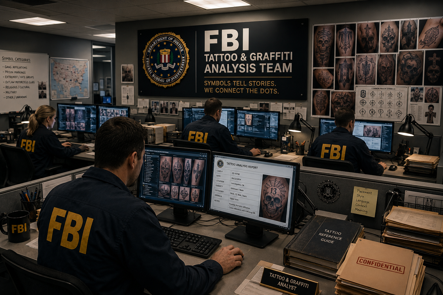FBI tattoo and graffiti analysis office with agents reviewing tattoo imagery and symbols