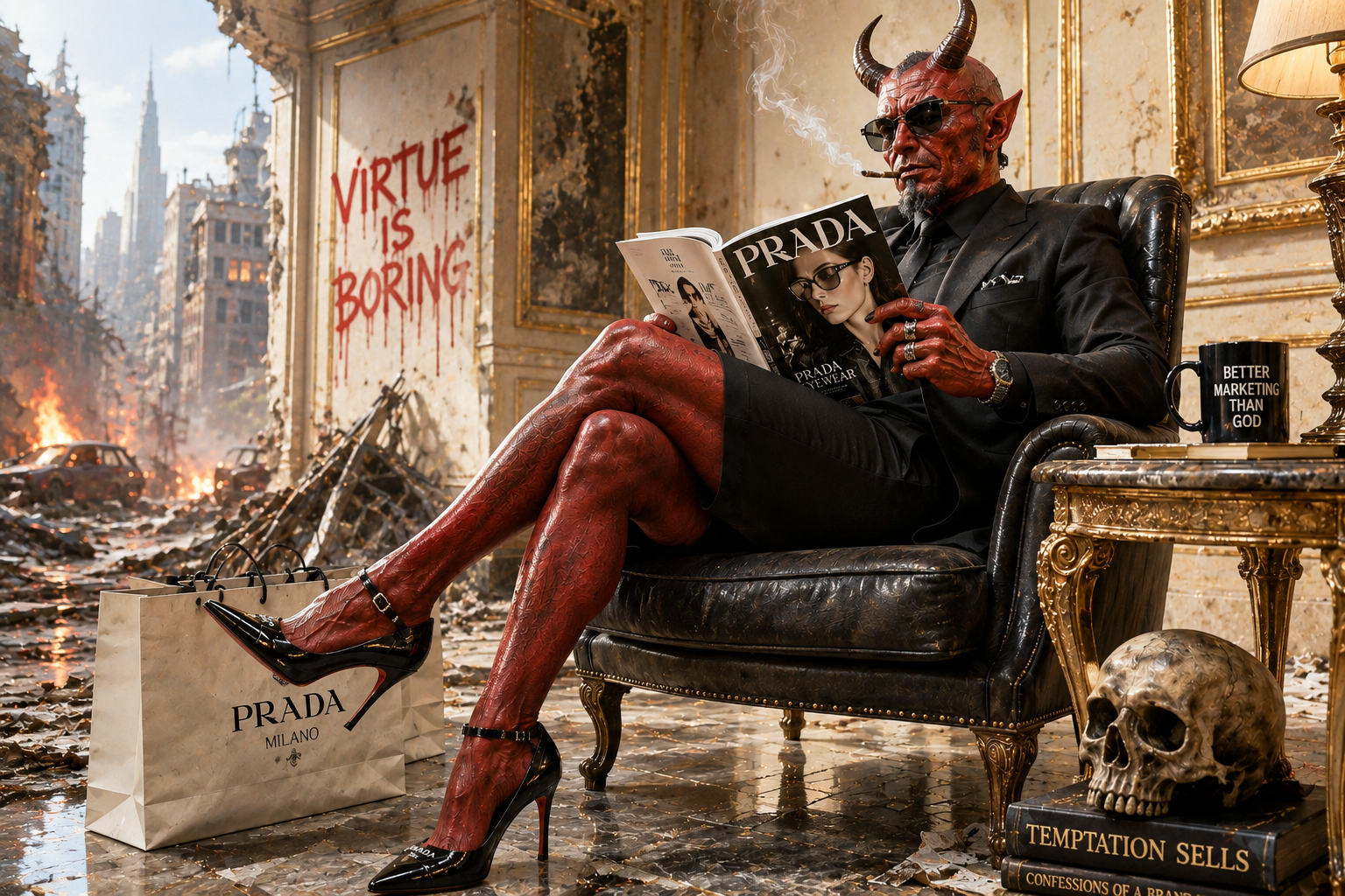 Devil in a suit reading a fashion magazine in a ruined luxury room, illustrating tattoo marketing and temptation