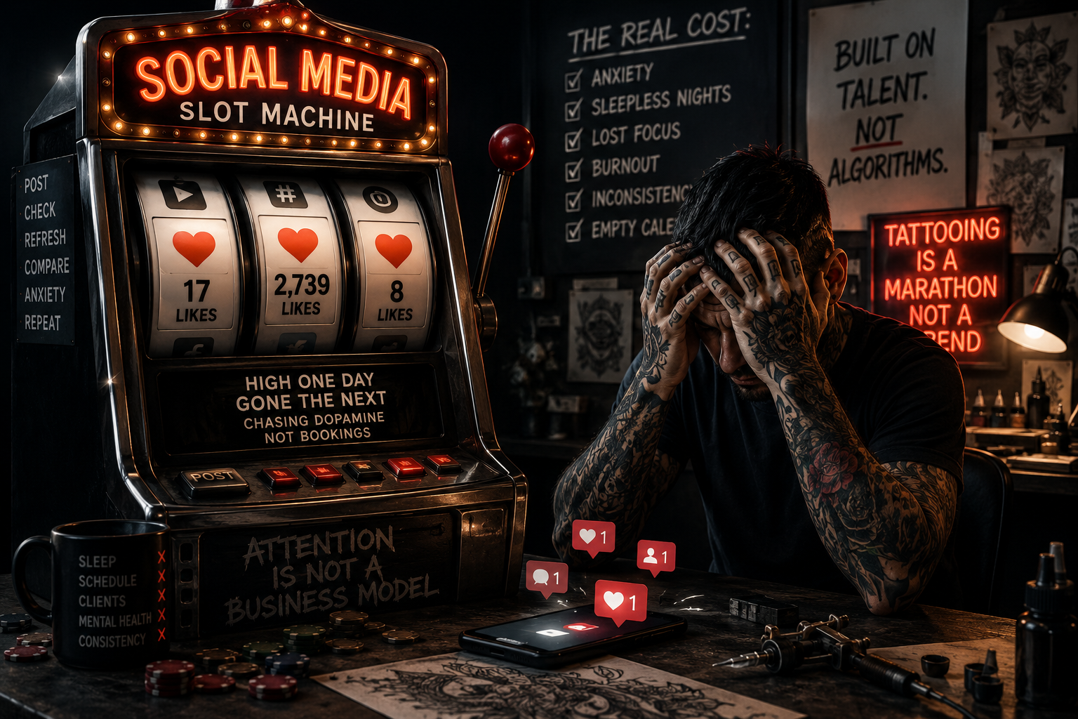 The Social Media Slot Machine Is Quietly Owning Tattoo Artists - Why Attention Is Not a Business Model Tattoo artist overwhelmed beside a social media slot machine showing fluctuating likes and engagement