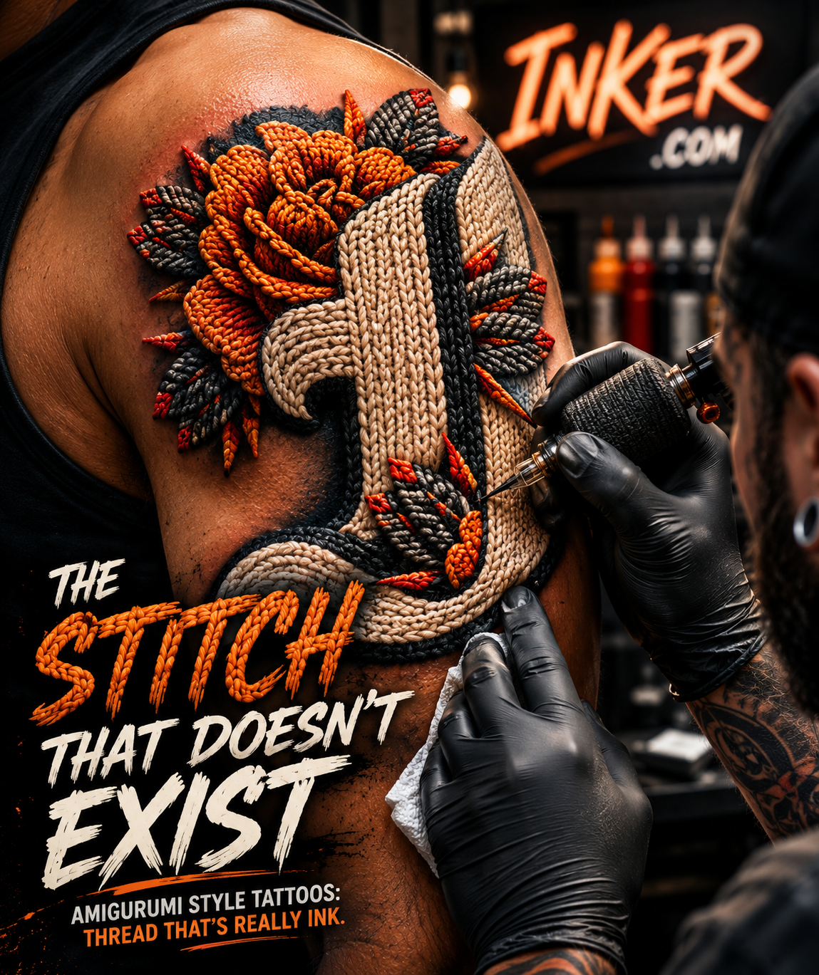 The Stitch That Doesn't Exist — Amigurumi Style Tattoos and the Illusion of Thread Amigurumi style tattoo with knitted yarn texture being tattooed onto a shoulder