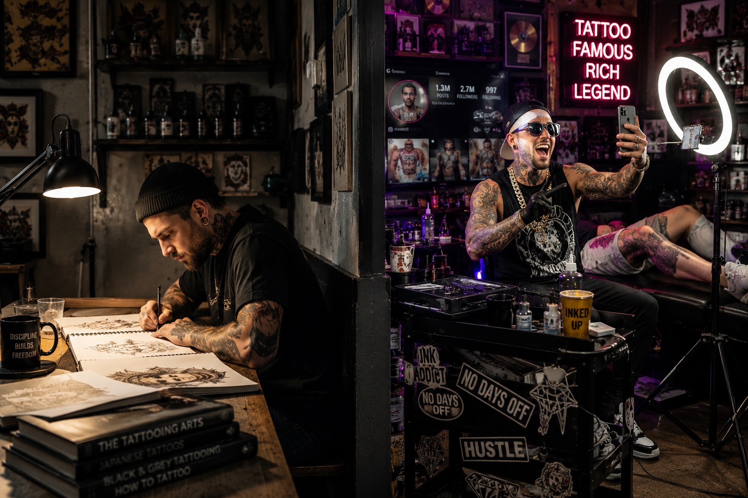 A focused tattoo artist quietly sketching at a desk on the left, and a loud self-promoting artist taking a selfie under neon lights on the right