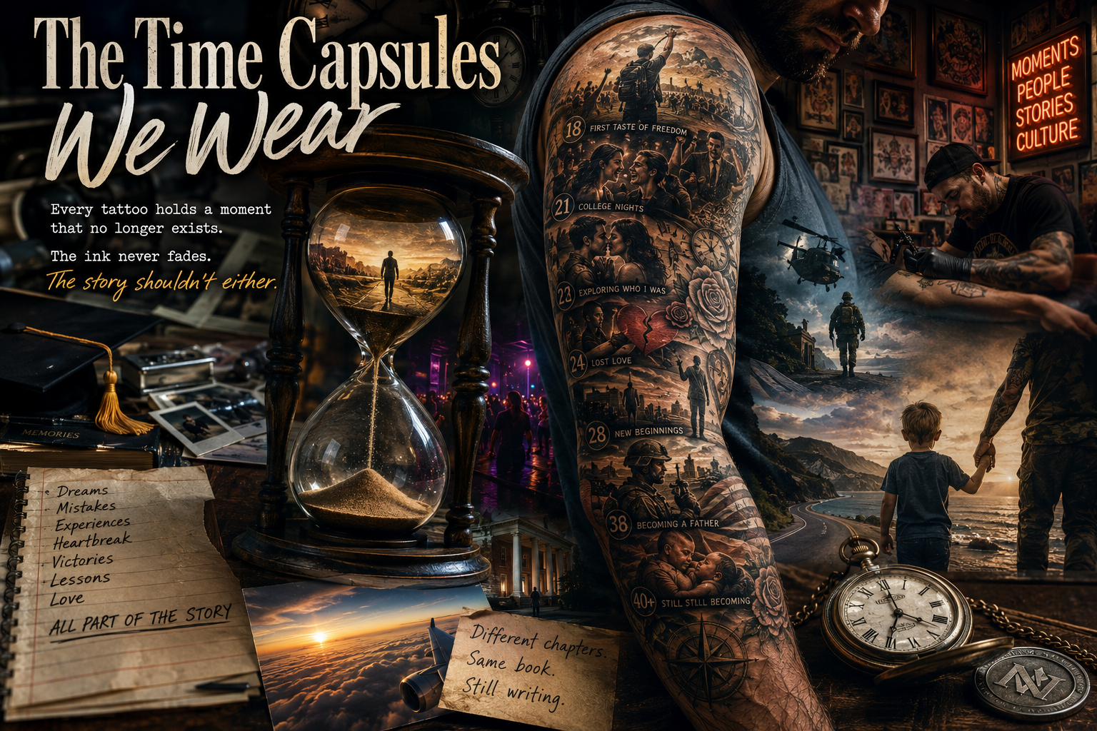 The Time Capsules We Wear - Why Tattoos Preserve the People We Used to Be Tattoo sleeve shown as a timeline of life memories beside an hourglass and tattoo shop scenes
