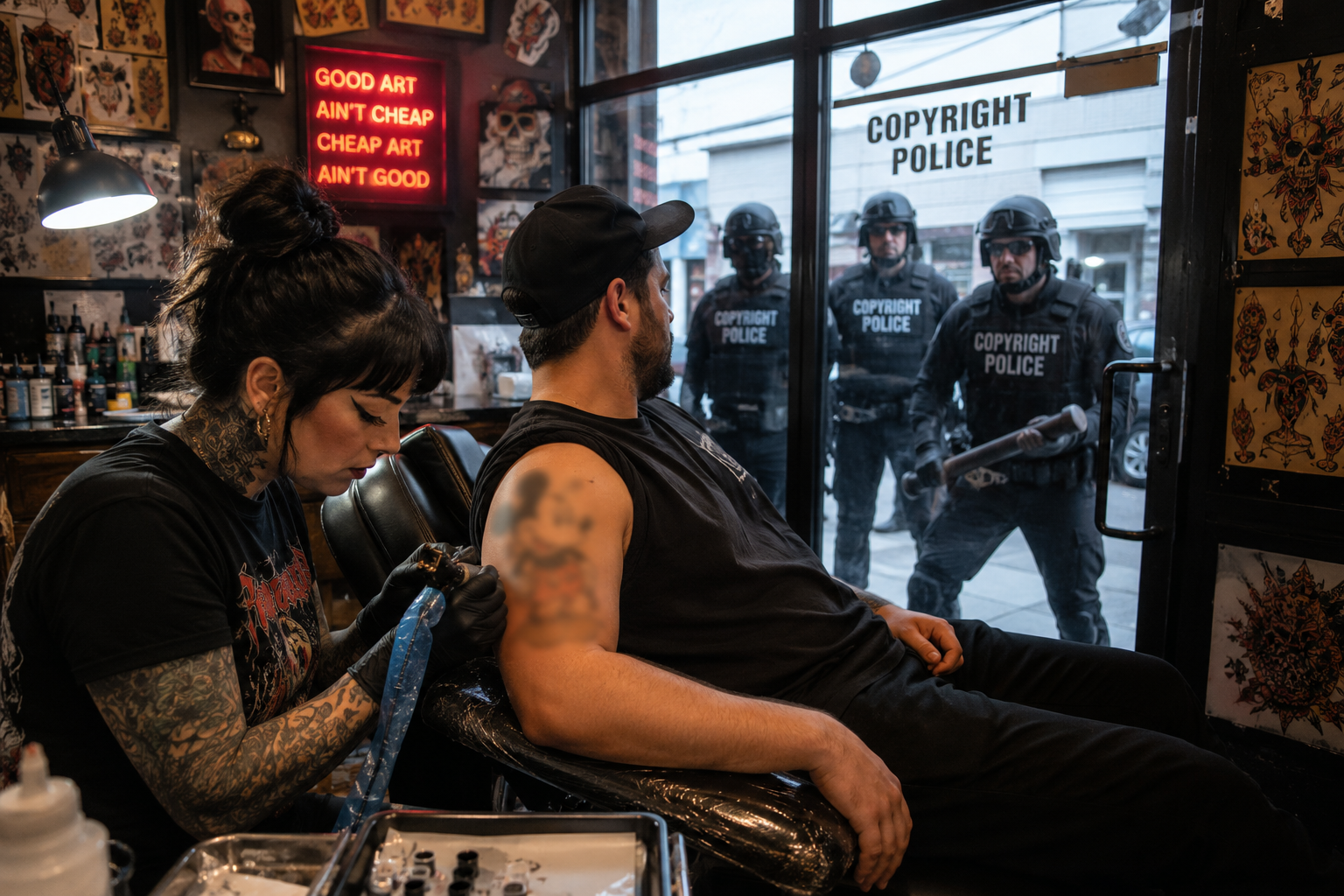 Who Owns Mickey Mouse After He’s Tattooed on Your Arm? — Copyright, Skin, and the Future of Tattoo Artwork Tattoo artist working while copyright police stand outside a tattoo shop window, illustrating tattoo copyright questions