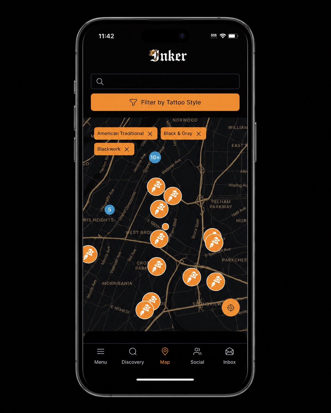 Inker app map view showing local tattoo artists filtered by tattoo style